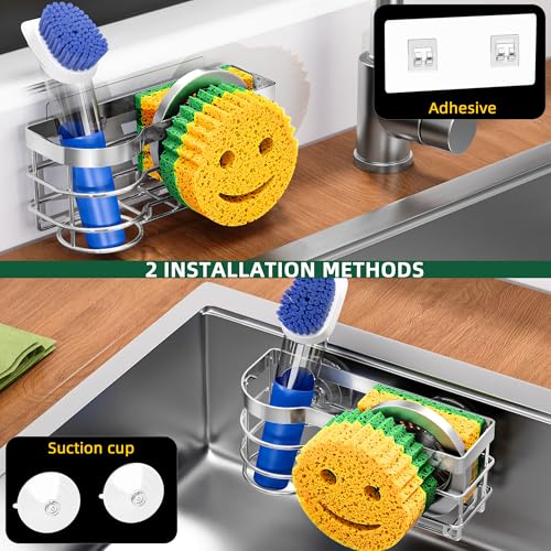 Cisily Smiley Sponge Holder for Kitchen Sink Caddy, Stainless Steel Movable Brush Holder Dish Cloth Hanger, Suction Cup Si...