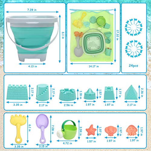 RACPNEL Beach Toys Sand Set for Kids, Collapsible Bucket and Shovels with Mesh Bag, Molds, Flags, Sandbox Kids Toddlers, T...