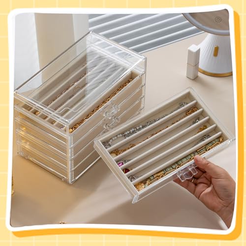 Necklace Organizer Box with 5 Drawers 30 Compartments, Dustproof Velvet Necklace Display Tray, Acrylic Necklaces Display C...