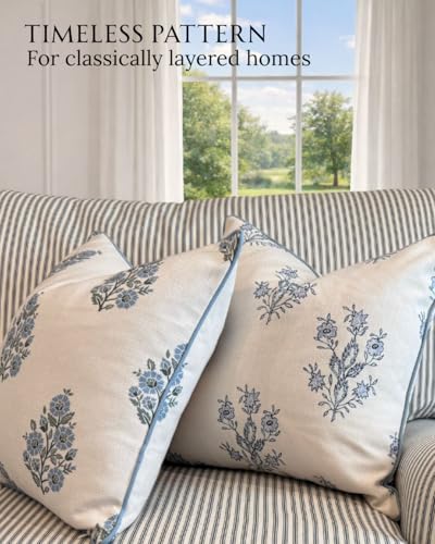 Jillien Harbor “The Camille” Floral Block Print Pillow Cover – Soft Blue and White Decorative Throw Pillow Cover – Grandmi...