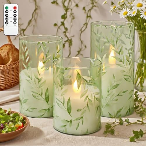 GORGE MOMENT Green Flameless Candles with Remote Willow Leaf Design Battery Operated Candles - Elegant Home Christmas Summ...