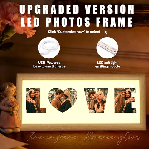 CUSTOM STEWARD Personalized Photo Frame, LOVE Design, Natural Wood with Acrylic Panel, Wall Mount or Tabletop Display, Gif...