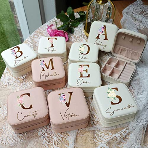 DayOfShe Personalized Bridesmaid Gifts-Travel Jewelry Box for Bachelorette Party Gifts-Leather Initial Floral Jewelry Orga...
