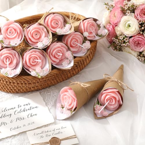 Conelist 20 Pcs Pink Rose Wedding Candles for Guests Mini Flower Shaped Candles Bouquet Floral Tealight Bulk Table Decor G...