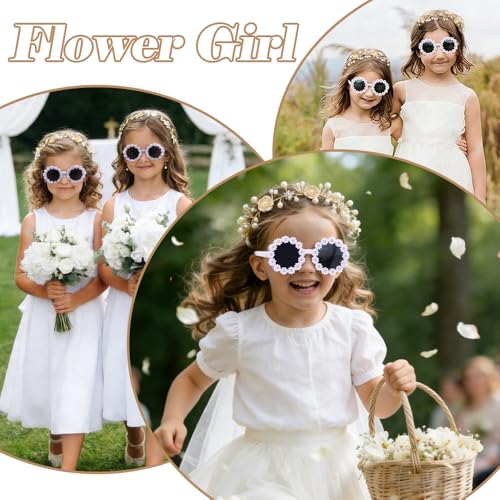 Srotmirw 4 Pcs Flower Girl Proposal Set Flower Girls Gifts Including Flower Girl Pearl Headpiece Round Flower Sunglasses f...