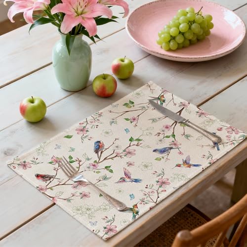 Cusugbaso Spring Placemats Set of 4 12x18 inch for Dinning Table - Floral Bird Branch Spring Decor for Party, Dinner - Far...