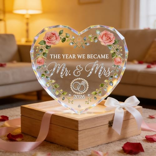 Heart Shaped Crystal Ornament for Couples – 2026 Mr & Mrs Wedding Keepsake, Romantic Anniversary & Engagement Gift, Elegan...