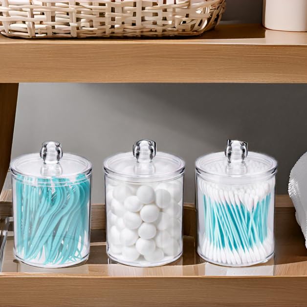 WEISHI 4 Pack Qtip Holder Dispenser - Cotton Ball, Swab, Round Pads, Floss , Small Clear Plastic Apothecary Jar Containers...