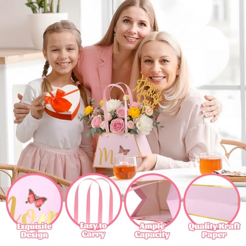 Yeyeplum 24 Pack Mothers Day Flower Paper Gift Bags Bouquet Bag Boxes with Handles and Decoration Topper Flower Boxes for ...