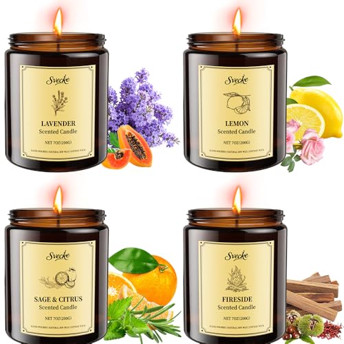 SVECKE 4 Pack 28oz Scented Candles, Soy Wax Jar Candles, Lemon, Lavender, Sage & Citrus, Fireside, Scented Candles for Hom...