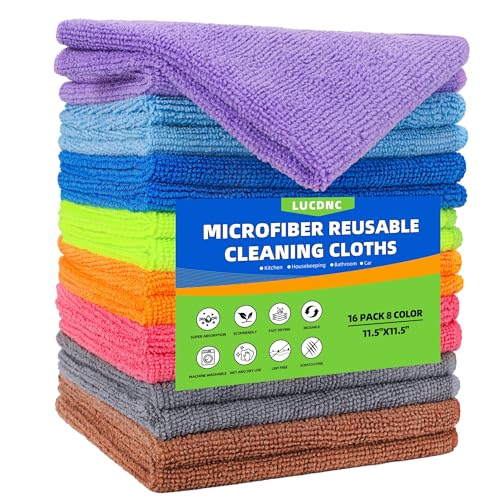 lucdnc Microfiber Cleaning Cloths 16 Pack 8 Color Cleaning Rags for Housekeeping Home Kitchen Bathroom Car,11.5"X11.5" Sof...