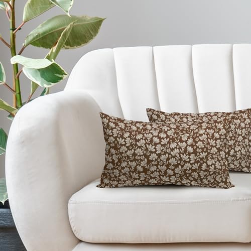 Kawani Brown Beige Daisy Floral Lumbar Pillow Covers, Vintage Flowers 12x20 Inch Set of 2, Block Print Cotton Linen Throw ...