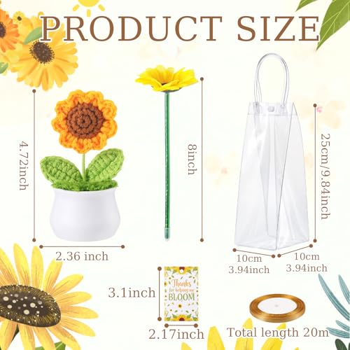 FunooFuno 8 Set Crochet Sunflower Pot with Artificial Flower Ballpoint Pen Bags Cards Ribbon Sunflower Floral Potted Plant...
