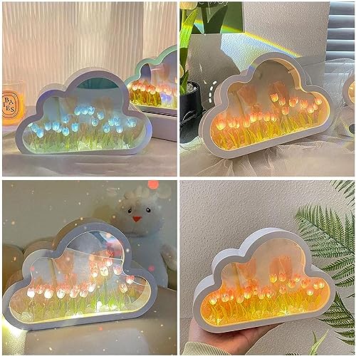 Yckeogln DIY Cloud Tulip Mirror Night Light, Simulation Flower Bedroom Cloud Tulip Table Lamp, Creative Home Decoration, R...
