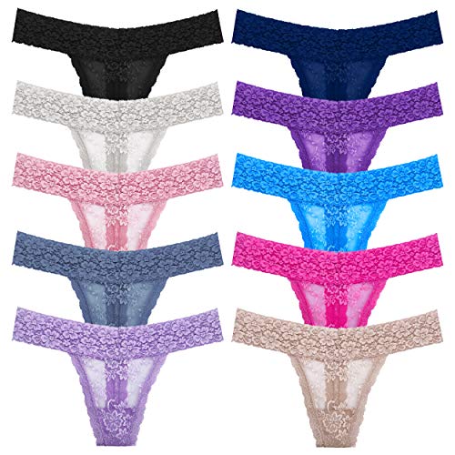 WKFIINM Pack 6 High Waisted Lace Thong for Women Cotton Underwear Plus Size High Rise Retro Tummy Control Thongs Panties