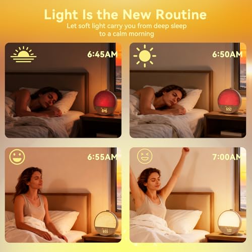 Vivilumens Wood Grain Sunrise Alarm Clock, Gentle Wake-Up Light Sound Machine, Dual Alarms for Heavy Sleepers, Natural Sou...