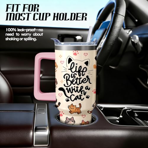 Xchearser Cute Cat Tumbler with Handle and Straw, 40oz Travel Coffee Mug Water Bottle with Lid, Stainless Steel Insulated ...