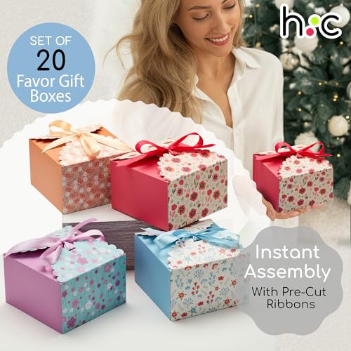 Small Floral Gift Boxes with Lids & Ribbons (20 Pack) 5.8” x 3.7” Empty Decorative Treat Boxes for Gift Giving, Baked Good...