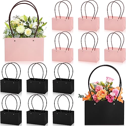 DEAYOU 12 Pack Kraft Paper Flower Gift Bags, Bouquet Bag Box with Handle, Small Paper Carrier Tote Bags with Waterproof Li...