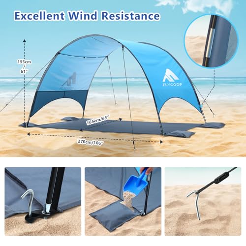 Flycoop 2026 Upgraded Beach Umbrella Canopy with UPF 50+ UV Protection – Portable Beach Tent for Sun, 360° Ventilation, 4 ...