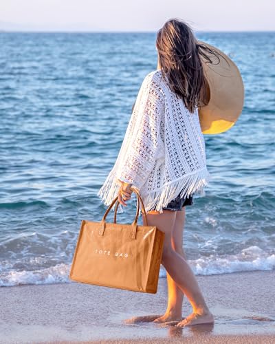Large PVC Tote Bag for Women, Kraft Paper Handbag Beach Tote with Letter Print, Top Handle Purse for Work Travel Shopping