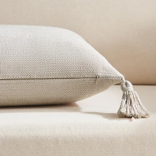 Meekio Set of 2 Linen Beige Pillow Covers 18x18 with Tassels, Linen Look Decorative Throw Cushion Covers for Sofa Couch, F...