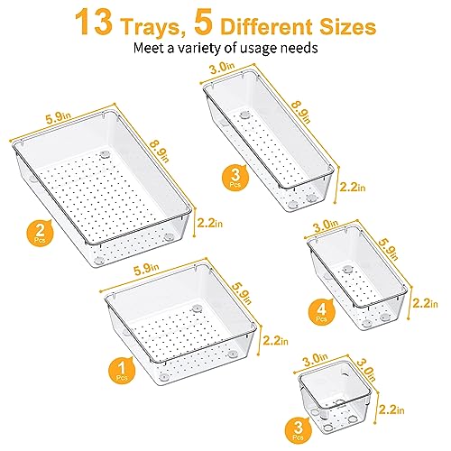 SMARTAKE 13-Piece Drawer Organizers with Non-Slip Silicone Pads, 5-Size Desk Bathroom Drawer Organizer Trays Storage Tray ...