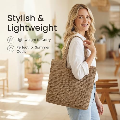 Bincaifenlan Straw Beach Tote Bag for Women, Large Handwoven Lightweight Boho Bag for Summer Vacation & Daily Travel