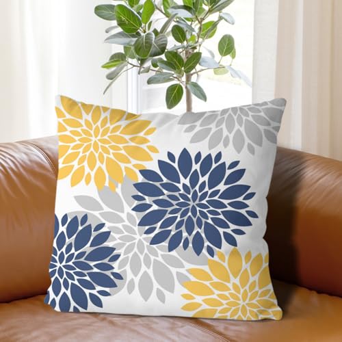Navy Blue Yellow Pillow Covers 18x18 Inch , Spring Summer Geometric Elegant Dahlia Decorative Throw Pillows, Flower Outdoo...
