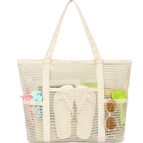 Fammart Mesh Beach Bag for Women, Casual Hobo Bags Large Beach Tote for Pool Travel Cruise Vacation Essentials