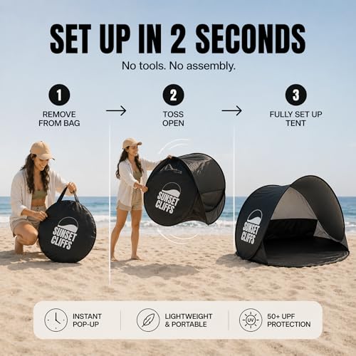 Sunset Cliffs Pop Up Beach Tent – 1-2 Person Portable Sun Shelter with UPF 50+ UV Protection – Lightweight Folding Shade C...