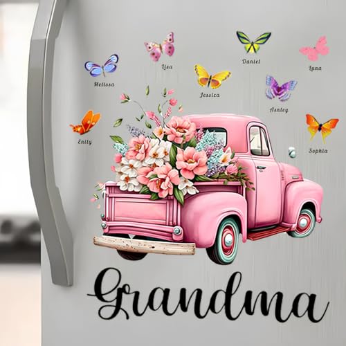 Gift for Grandma Pink Floral Truck Butterflies Sticker, Grandma Floral Butterfly Fridge Decal with Grandkids Names, Colorf...