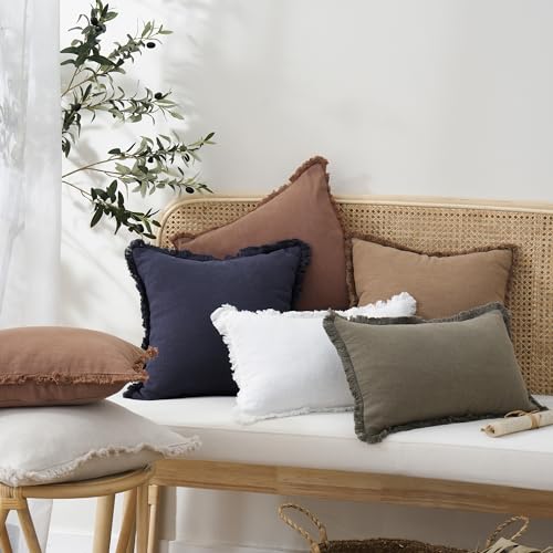 Foindtower Decorative Linen Fringe Lumbar Throw Pillow Covers Cozy Boho Farmhouse Cushion Cover with Tassel Soft Accent Pi...