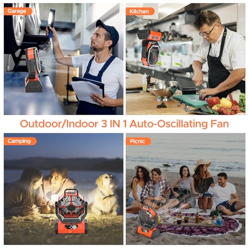 Rechargeable Camping Fan with LED Lantern, 20000mAh Auto-Oscillating Battery Operated with Remote/Hook/Timer, 8” Portable ...