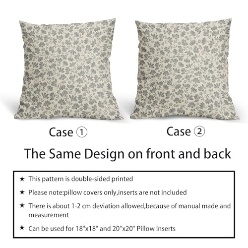 Kawani Daisy Floral Block Print Pillow Covers 18X18 Inch Gray Grey Beige Flowers Decorative Square Pillow Cases Set of 2 F...