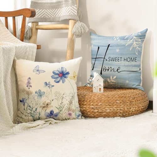 AVOIN colorlife Spring Saying Flowers Butterfly Bird Throw Pillow Covers, 18 x 18 Inch Home Sweet Home Blue Cushion Case f...