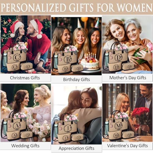 Personalized Gifts for Women Tote Bag, Initial Jute Tote Bag & Makeup Bags Monogrammed Beach Bag w/ Zipper, Mothers Day Bi...