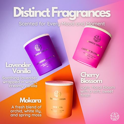 Floral Scented Candles Gift Set for Women — 3 Pack Soy Candles with Lavender, Cherry Blossom & Mokara, 10 oz Aromatherapy ...