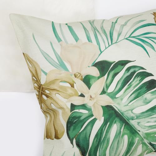 Bonhause Tropical Leaves Throw Pillow Covers 18 x 18 Inch Green Brown Leaf Decorative Pillow Cases Polyester Linen Outdoor...