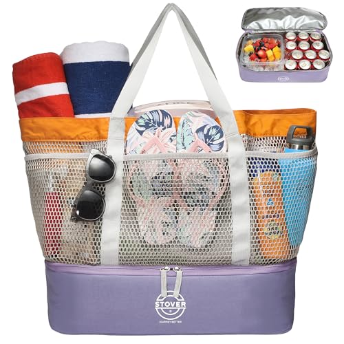 STOVER Extra Large Mesh Beach Bag, Vacation, Pool, Shopping & Travel Tote - Foldable w/Storage Pouch & Pockets for Women, Men