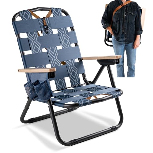 CleverMade Kove Twilight Blue Beach Camping Chair, Hands Free Carrying Strap + Real Wood Handles & 2 Cup Holders, Foldable...