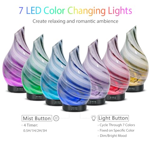 Essential Oil Diffuser Aromatherapy Diffuser - Art Glass Oil Diffuser with Auto Shut-Off Protection 4 Timer Setting 7 Colo...