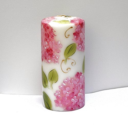 Beautiful Large Tall Decorative Romantic Hand Painted Pink Hydrangea Flower White Pillar Candle with Golden Swirls Big Flo...