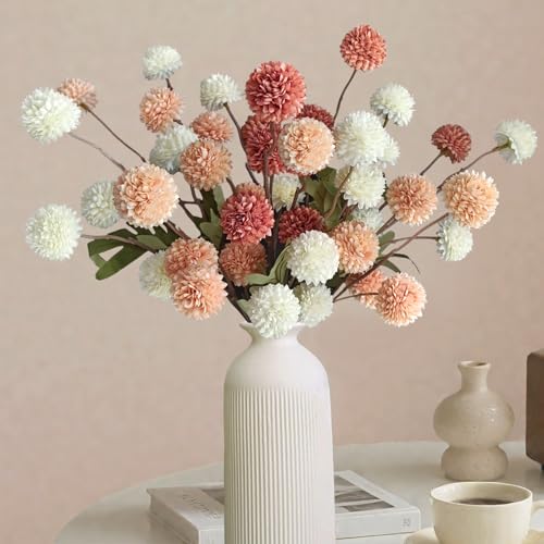 10 Pcs Fake Flowers, Artificial Mums With Long Stems, Faux Pompon Mums Floral Arrangement, 3 Mixed Colors Plastic Flowers ...