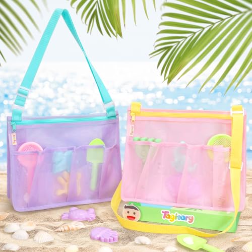 Tagitary Beach Toys Mesh Beach Bags with Zipper, Kids Pool Sand Toys Seashell Crossbody for Boys and Girls Summer Vacation...