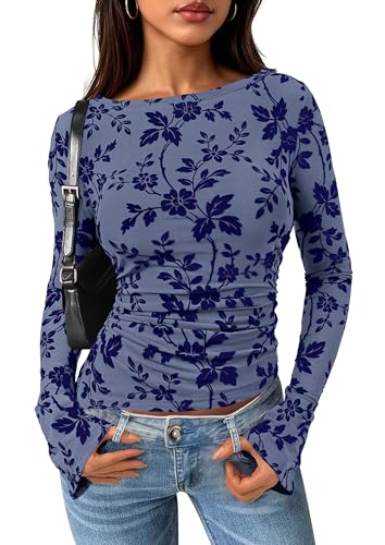 PRETTYGARDEN Women Long Sleeve Floral Mesh Tops Blouse 2026 Fall Trendy Boat Neck Ruched Spring Shirt Going Out Date Outfits