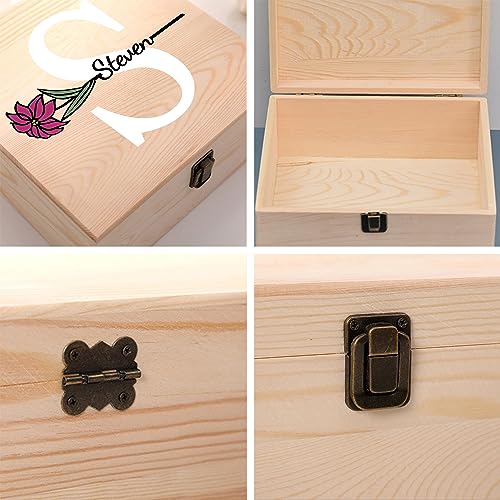 Cooayyaooc Personalized Wooden Keepsake Memory Box with Birth Flower & Name, Custom Wood Decorative Storage Box with Lids ...