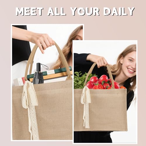 Karinoos 6pcs Burlap Tote Bag Set with Handles, Waterproof Reusable Blank Grocery Bags with Ribbon Large Jute Tote 15.35 *...