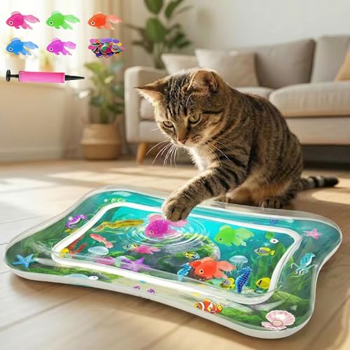 Interactive Cat Toy for indoor Cats, Upgraded Cat Water Mat with Fish - Thickened 0.7mm Enrichment Stimulating Water Senso...