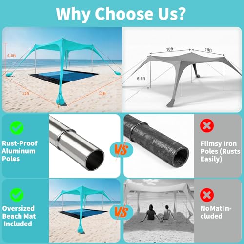 12x12 FT Beach Tent Sun Shelter UPF 50+, XL Beach Canopy with 4 Thickened Aluminum Poles, Sandbags, Windproof Portable Bea...